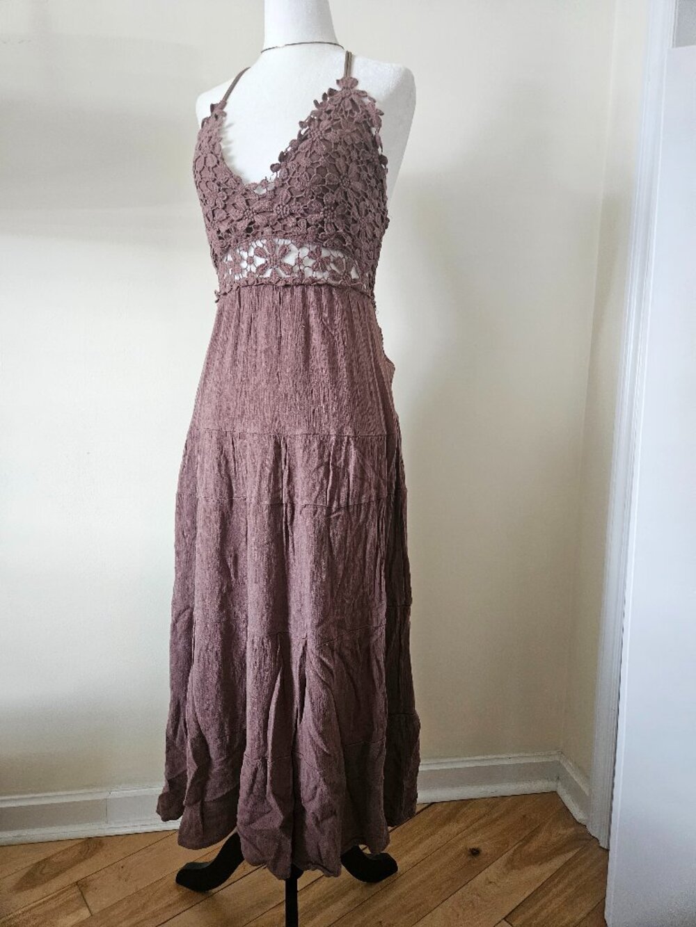 Brown Flower Crochet Maxi Dress